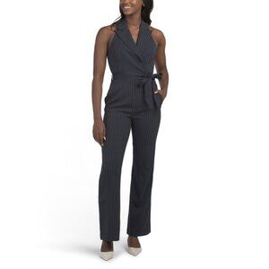 BCBG NEW YORK Navy Multi Pinstripe Halter Jumpsuit